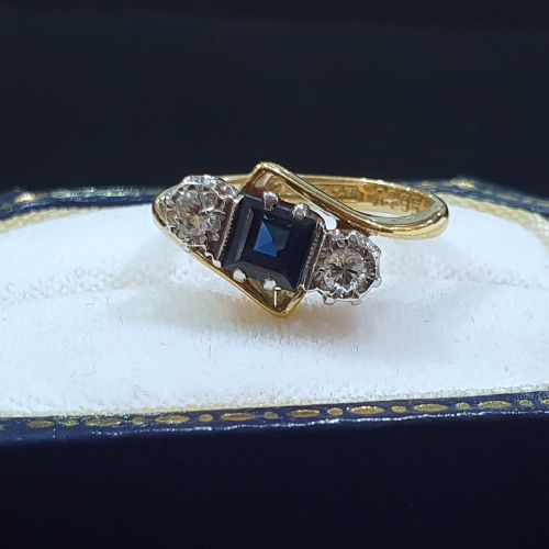 ART DECO PLATINUM SET PRINCESS SAPPHIRE BRILLIANT DIAMONDS 18CT GOLD RING SIZE M N - ADDITIONAL PHOTO 5