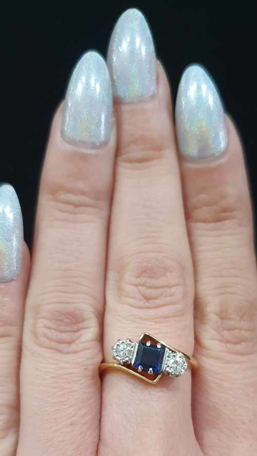 ART DECO PLATINUM SET PRINCESS SAPPHIRE BRILLIANT DIAMONDS 18CT GOLD RING SIZE M N - ADDITIONAL PHOTO 6