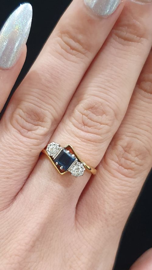 ART DECO PLATINUM SET PRINCESS SAPPHIRE BRILLIANT DIAMONDS 18CT GOLD RING SIZE M N - ADDITIONAL PHOTO 8