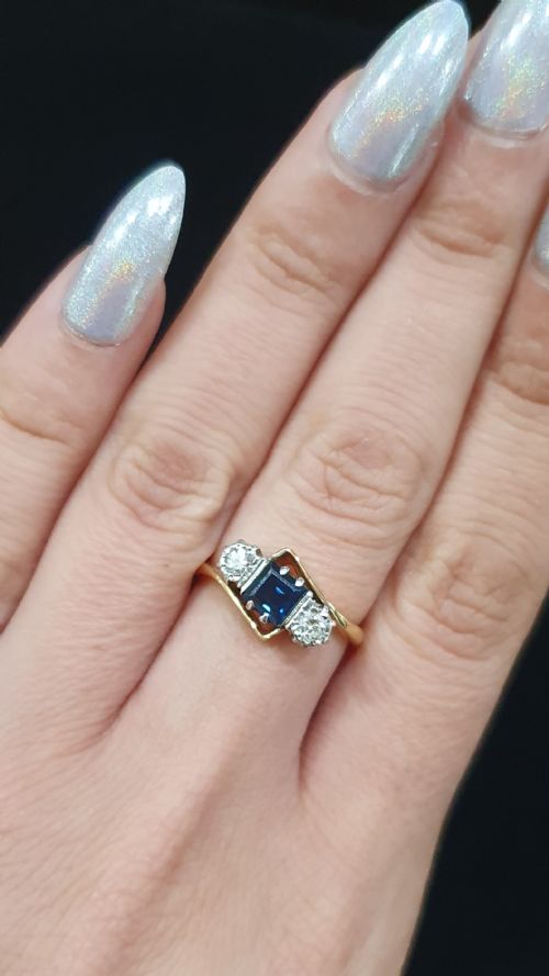 ART DECO PLATINUM SET PRINCESS SAPPHIRE BRILLIANT DIAMONDS 18CT GOLD RING SIZE M N - ADDITIONAL PHOTO 9