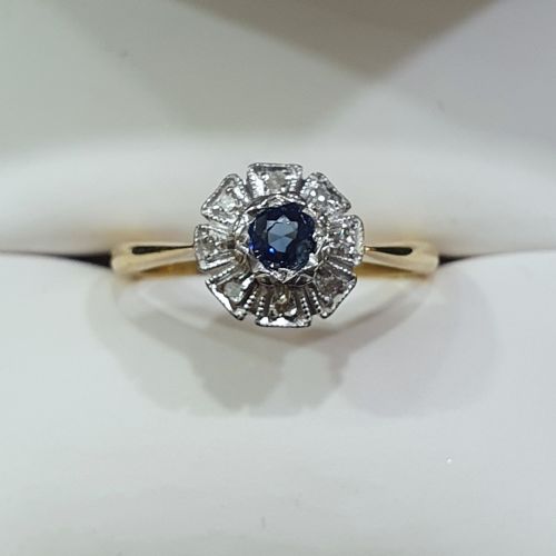 ART DECO SAPPHIRE GEOMETRIC DIAMOND PLATINUM 18CT GOLD RING SIZE M C1930S - ADDITIONAL PHOTO 4