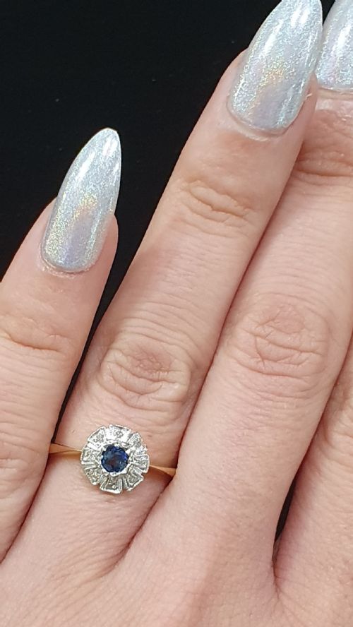 ART DECO SAPPHIRE GEOMETRIC DIAMOND PLATINUM 18CT GOLD RING SIZE M C1930S - ADDITIONAL PHOTO 9