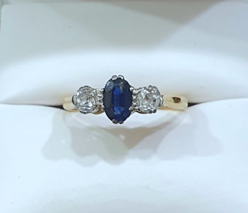 1930s art deco sapphire diamond 18ct gold trilogy ring size m - CATEGORY: ANTIQUE JEWELLERY - DATED 1930