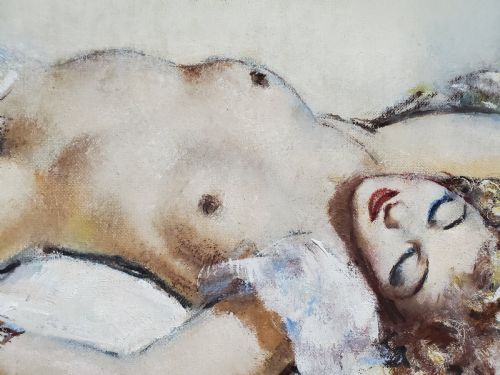 GUINEGAULT LARGE ART DECO OIL ON CANVAS RECLINING GIRL C1930 - ADDITIONAL PHOTO 3