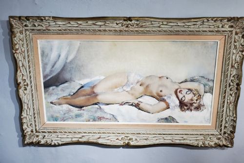 GUINEGAULT LARGE ART DECO OIL ON CANVAS RECLINING GIRL C1930 - ADDITIONAL PHOTO 8