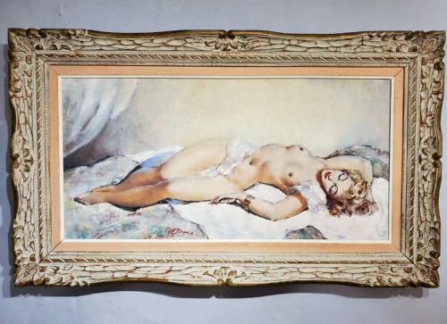 guinegault large art deco oil on canvas reclining girl c1930 - CATEGORY: ANTIQUE ART - DATED 1930