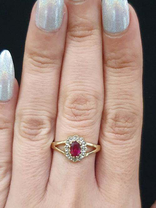 VINTAGE 193040S RUBY DIAMOND HALO 9CT GOLD RING SIZE O P - ADDITIONAL PHOTO 4