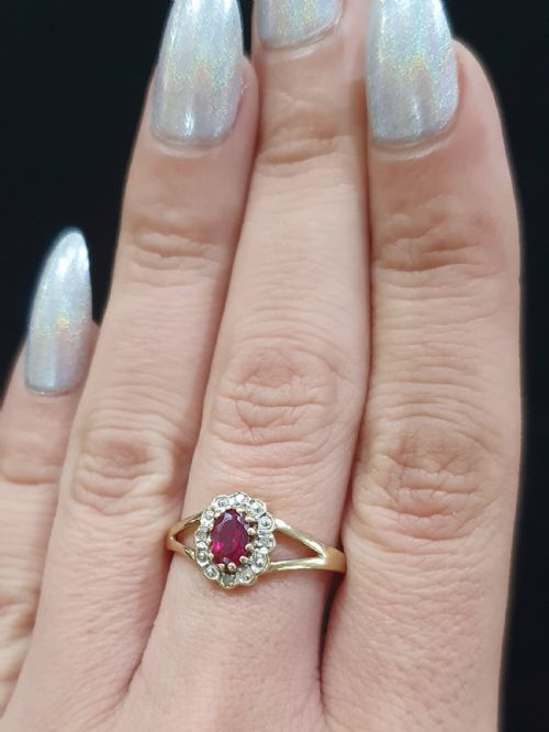 VINTAGE 193040S RUBY DIAMOND HALO 9CT GOLD RING SIZE O P - ADDITIONAL PHOTO 5