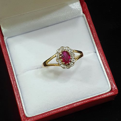 VINTAGE 193040S RUBY DIAMOND HALO 9CT GOLD RING SIZE O P - ADDITIONAL PHOTO 7