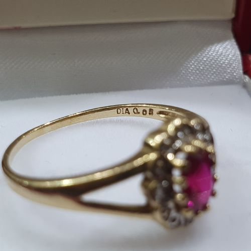 VINTAGE 193040S RUBY DIAMOND HALO 9CT GOLD RING SIZE O P - ADDITIONAL PHOTO 9