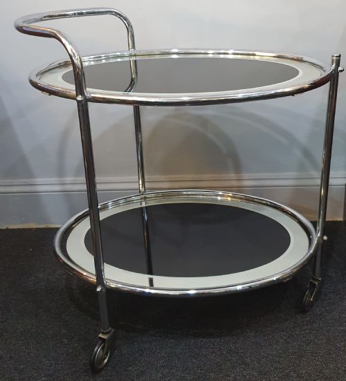 1930s art deco chrome black glass 2 tier drinks cocktail trolley on wheels - CATEGORY: ANTIQUE TABLES - DATED 1930