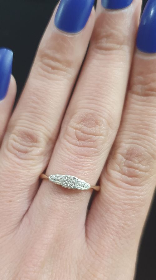 ART DECO PLATINUM SET DIAMOND GEOMETRIC STARBURST DESIGN ON 9CT GOLD RING SIZE Q - ADDITIONAL PHOTO 15