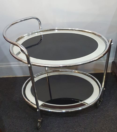1930S ART DECO CHROME BLACK GLASS 2 TIER DRINKS COCKTAIL TROLLEY ON WHEELS - ADDITIONAL PHOTO 2