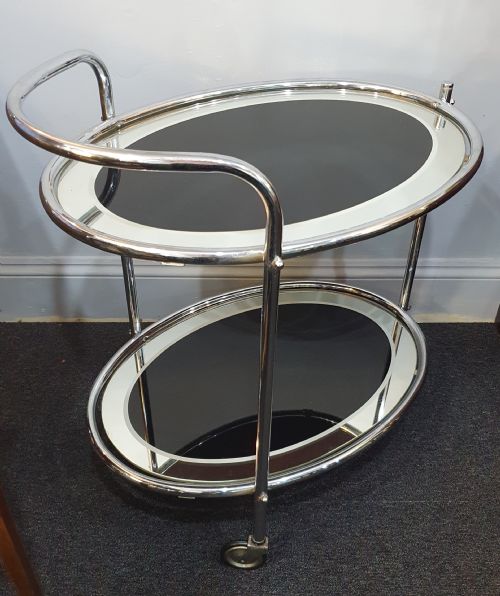 1930S ART DECO CHROME BLACK GLASS 2 TIER DRINKS COCKTAIL TROLLEY ON WHEELS - ADDITIONAL PHOTO 3