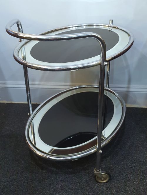 1930S ART DECO CHROME BLACK GLASS 2 TIER DRINKS COCKTAIL TROLLEY ON WHEELS - ADDITIONAL PHOTO 4
