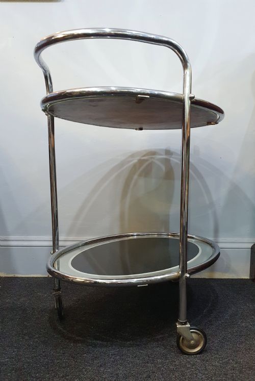 1930S ART DECO CHROME BLACK GLASS 2 TIER DRINKS COCKTAIL TROLLEY ON WHEELS - ADDITIONAL PHOTO 5