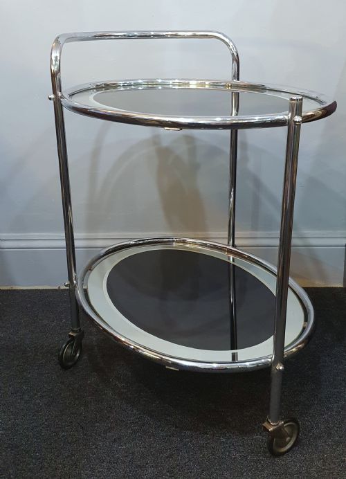 1930S ART DECO CHROME BLACK GLASS 2 TIER DRINKS COCKTAIL TROLLEY ON WHEELS - ADDITIONAL PHOTO 6