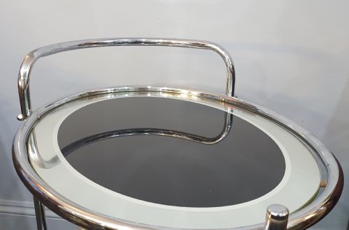 1930S ART DECO CHROME BLACK GLASS 2 TIER DRINKS COCKTAIL TROLLEY ON WHEELS - ADDITIONAL PHOTO 7
