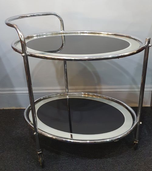 1930S ART DECO CHROME BLACK GLASS 2 TIER DRINKS COCKTAIL TROLLEY ON WHEELS - ADDITIONAL PHOTO 8