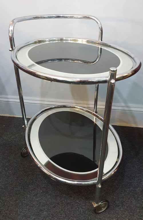 1930S ART DECO CHROME BLACK GLASS 2 TIER DRINKS COCKTAIL TROLLEY ON WHEELS - ADDITIONAL PHOTO 9