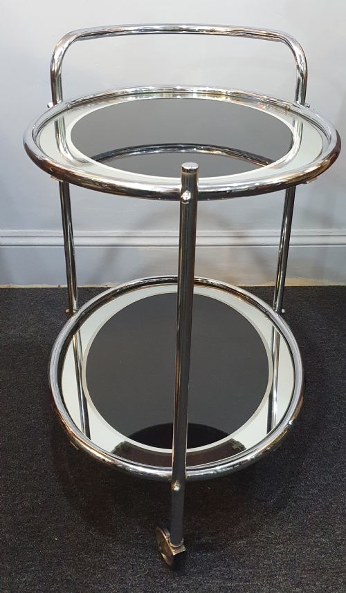 1930S ART DECO CHROME BLACK GLASS 2 TIER DRINKS COCKTAIL TROLLEY ON WHEELS - ADDITIONAL PHOTO 10