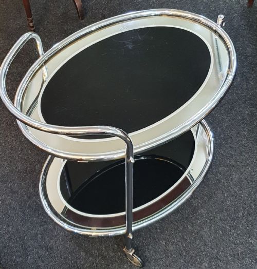 1930S ART DECO CHROME BLACK GLASS 2 TIER DRINKS COCKTAIL TROLLEY ON WHEELS - ADDITIONAL PHOTO 11