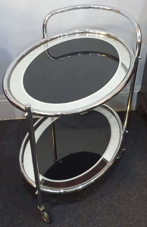 1930S ART DECO CHROME BLACK GLASS 2 TIER DRINKS COCKTAIL TROLLEY ON WHEELS - ADDITIONAL PHOTO 12