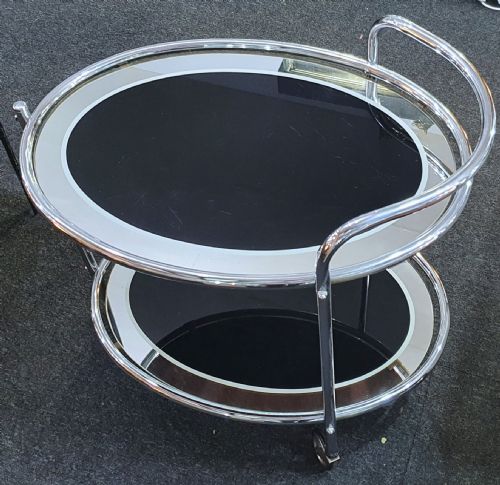 1930S ART DECO CHROME BLACK GLASS 2 TIER DRINKS COCKTAIL TROLLEY ON WHEELS - ADDITIONAL PHOTO 13