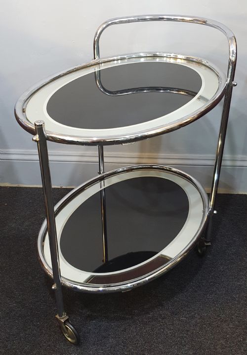 1930S ART DECO CHROME BLACK GLASS 2 TIER DRINKS COCKTAIL TROLLEY ON WHEELS - ADDITIONAL PHOTO 14