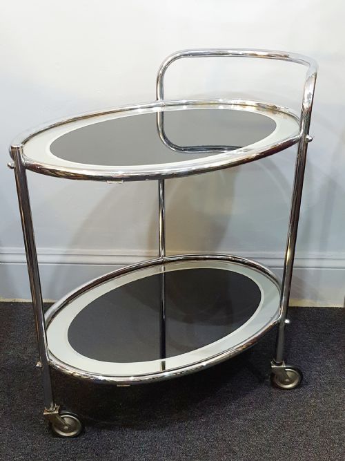 1930S ART DECO CHROME BLACK GLASS 2 TIER DRINKS COCKTAIL TROLLEY ON WHEELS - ADDITIONAL PHOTO 15