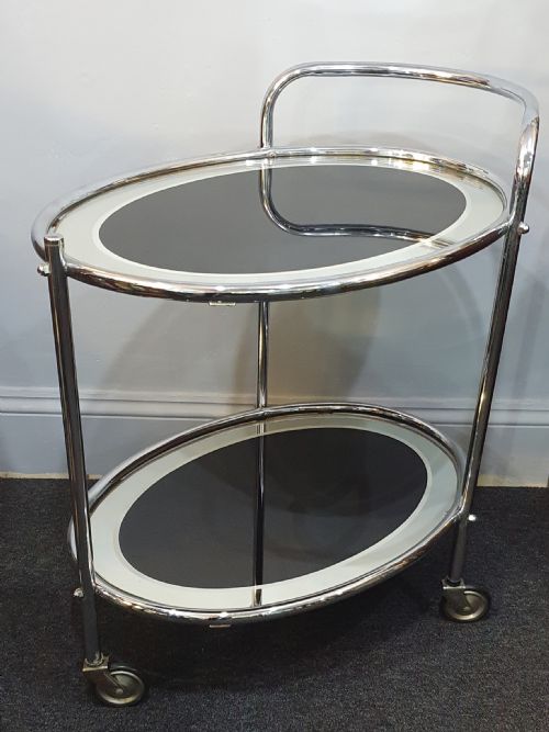 1930S ART DECO CHROME BLACK GLASS 2 TIER DRINKS COCKTAIL TROLLEY ON WHEELS - ADDITIONAL PHOTO 18