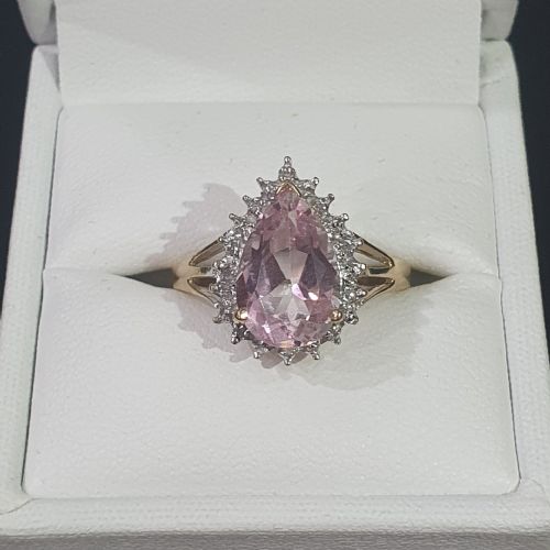 MORGANITE 3CTS PEAR CUT WITH DIAMOND HALO 9CT GOLD RING SIZE P - ADDITIONAL PHOTO 1