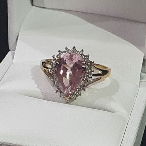 MORGANITE 3CTS PEAR CUT WITH DIAMOND HALO 9CT GOLD RING SIZE P - ADDITIONAL PHOTO 2