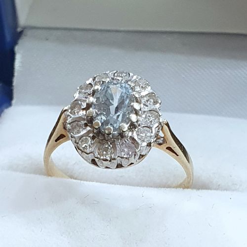 1930s art deco aquamarine 12 diamond halo on 9ct gold ring size l m - CATEGORY: ANTIQUE JEWELLERY - DATED 1930