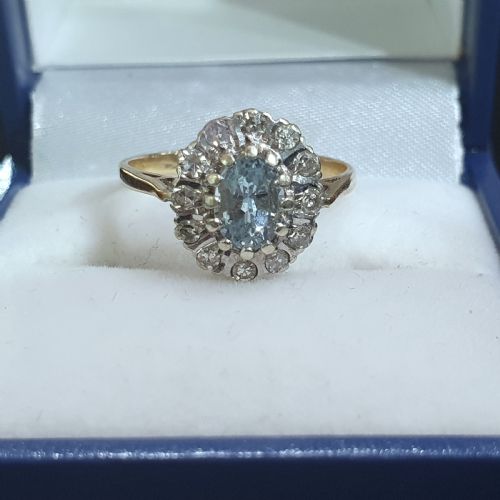1930S ART DECO AQUAMARINE 12 DIAMOND HALO ON 9CT GOLD RING SIZE L M - ADDITIONAL PHOTO 2