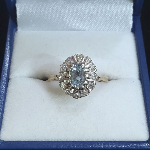 1930S ART DECO AQUAMARINE 12 DIAMOND HALO ON 9CT GOLD RING SIZE L M - ADDITIONAL PHOTO 13