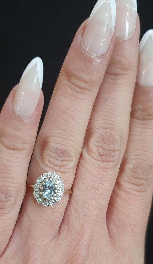 1930S ART DECO AQUAMARINE 12 DIAMOND HALO ON 9CT GOLD RING SIZE L M - ADDITIONAL PHOTO 15