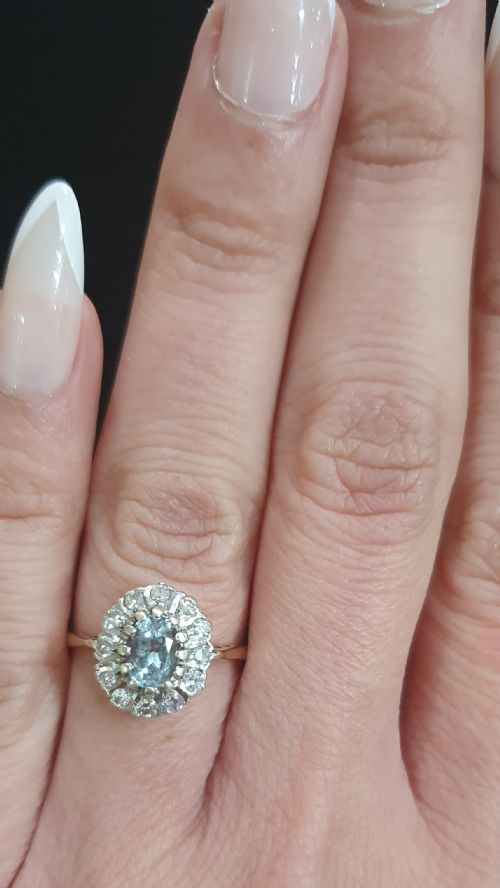 1930S ART DECO AQUAMARINE 12 DIAMOND HALO ON 9CT GOLD RING SIZE L M - ADDITIONAL PHOTO 16