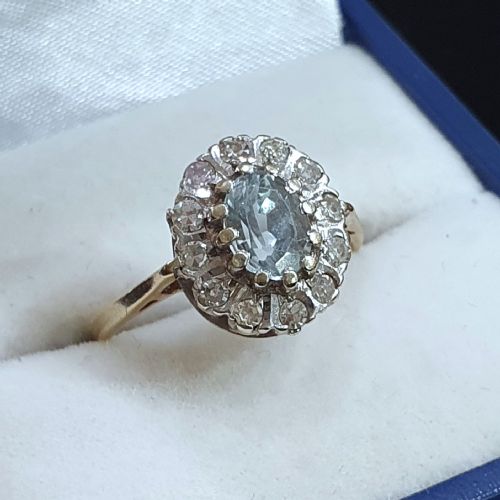 1930S ART DECO AQUAMARINE 12 DIAMOND HALO ON 9CT GOLD RING SIZE L M - ADDITIONAL PHOTO 20