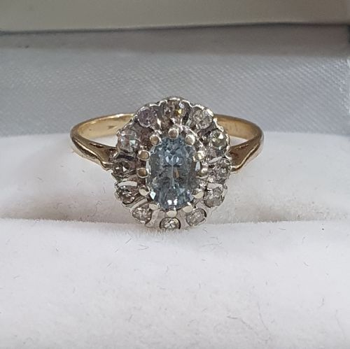 1930S ART DECO AQUAMARINE 12 DIAMOND HALO ON 9CT GOLD RING SIZE L M - ADDITIONAL PHOTO 22