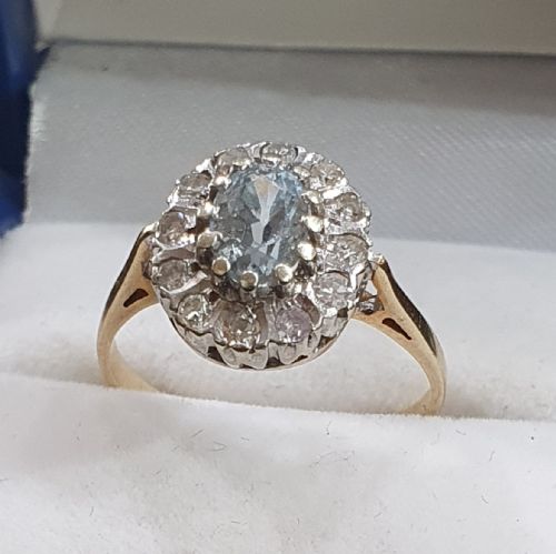 1930S ART DECO AQUAMARINE 12 DIAMOND HALO ON 9CT GOLD RING SIZE L M - ADDITIONAL PHOTO 23