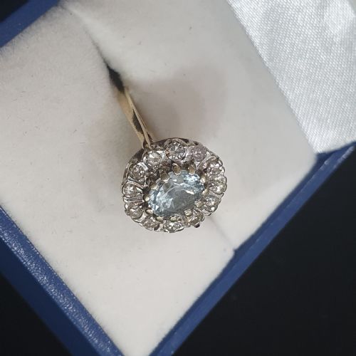 1930S ART DECO AQUAMARINE 12 DIAMOND HALO ON 9CT GOLD RING SIZE L M - ADDITIONAL PHOTO 25