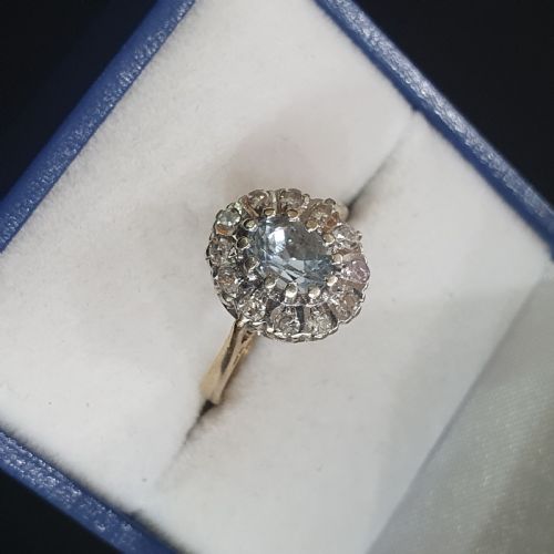 1930S ART DECO AQUAMARINE 12 DIAMOND HALO ON 9CT GOLD RING SIZE L M - ADDITIONAL PHOTO 26