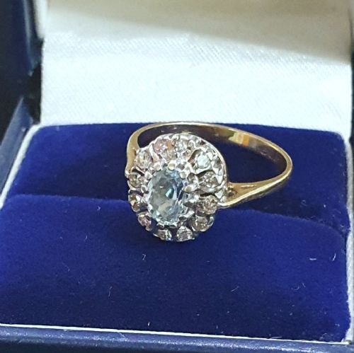 1930S ART DECO AQUAMARINE 12 DIAMOND HALO ON 9CT GOLD RING SIZE L M - ADDITIONAL PHOTO 27
