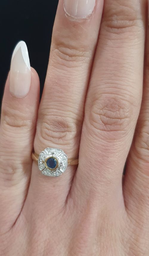 ART DECO SAPPHIRE 6 DIAMOND FAN HALO ON 9CT GOLD CONTINENTAL RING SIZE L - ADDITIONAL PHOTO 5