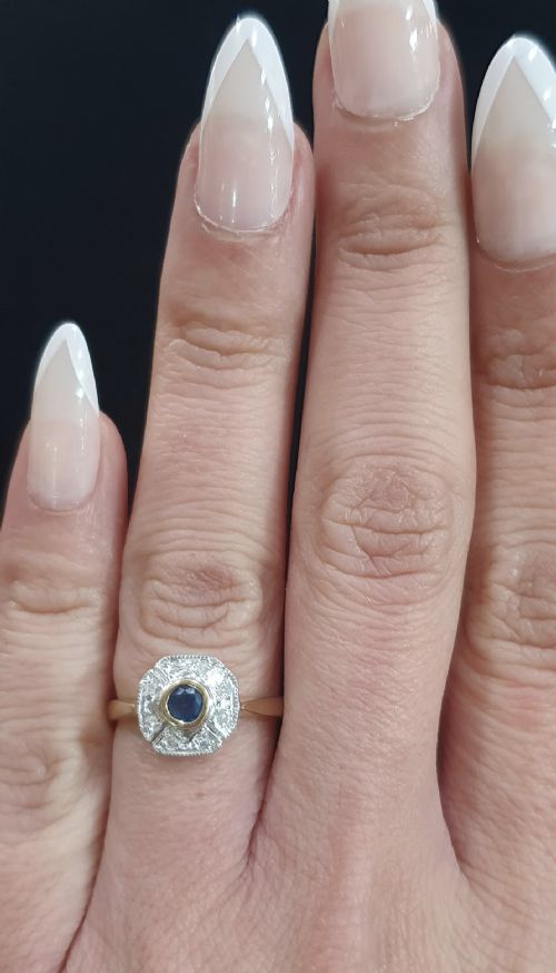 ART DECO SAPPHIRE 6 DIAMOND FAN HALO ON 9CT GOLD CONTINENTAL RING SIZE L - ADDITIONAL PHOTO 6