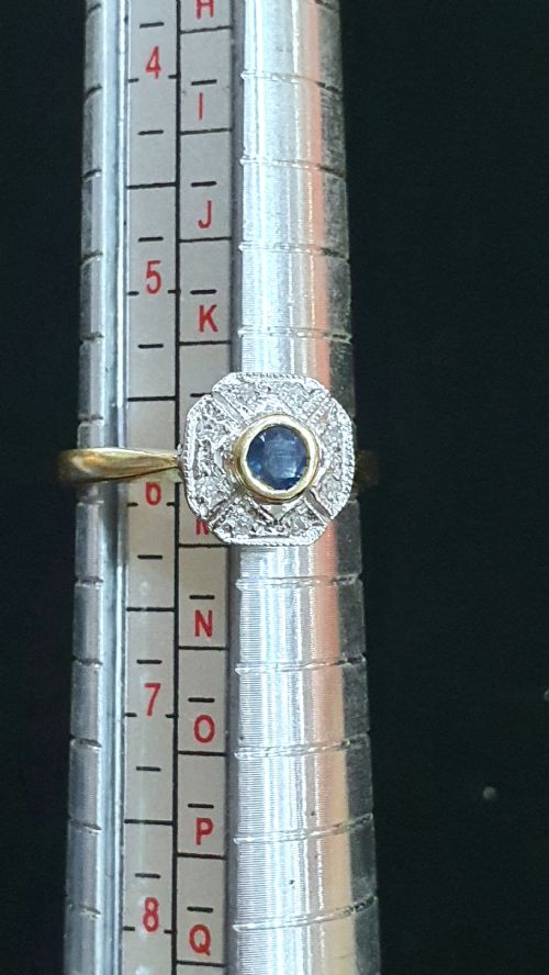 ART DECO SAPPHIRE 6 DIAMOND FAN HALO ON 9CT GOLD CONTINENTAL RING SIZE L - ADDITIONAL PHOTO 7