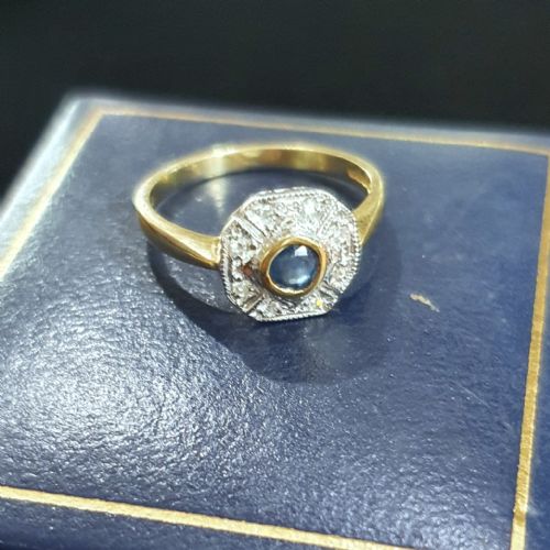 ART DECO SAPPHIRE 6 DIAMOND FAN HALO ON 9CT GOLD CONTINENTAL RING SIZE L - ADDITIONAL PHOTO 8
