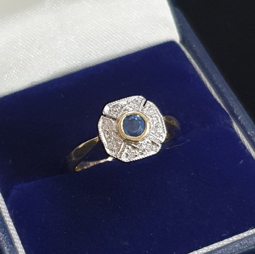 ART DECO SAPPHIRE 6 DIAMOND FAN HALO ON 9CT GOLD CONTINENTAL RING SIZE L - ADDITIONAL PHOTO 9