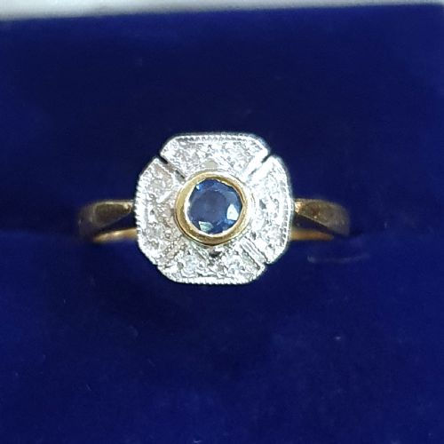 ART DECO SAPPHIRE 6 DIAMOND FAN HALO ON 9CT GOLD CONTINENTAL RING SIZE L - ADDITIONAL PHOTO 10